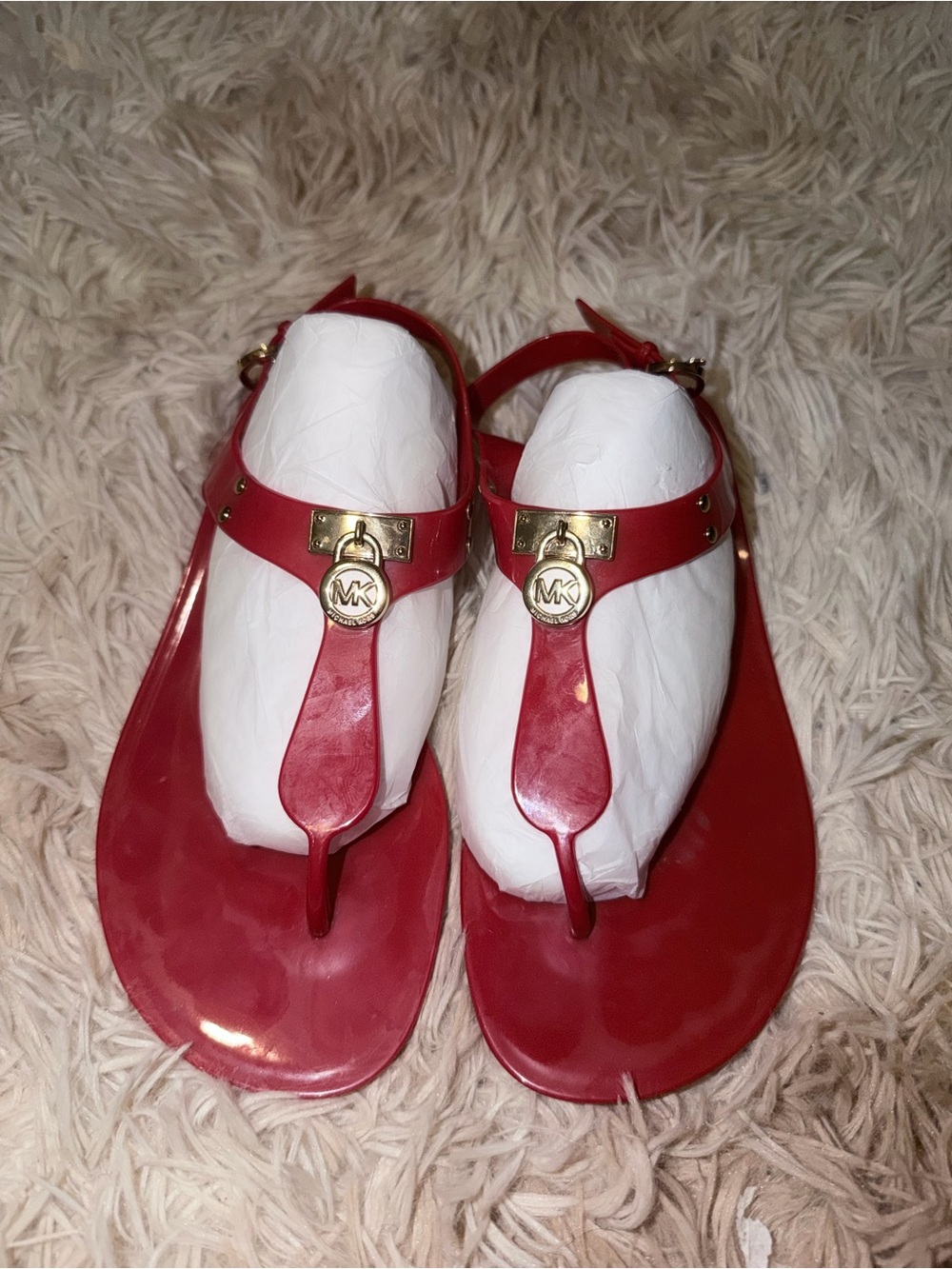 Michael Kors Red Patent Thong Sandals with Gold MK Medallion